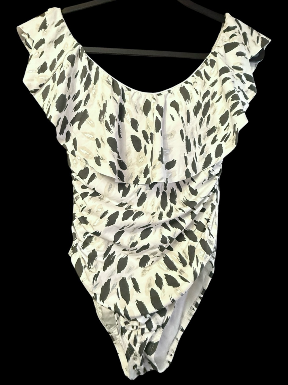 La Blanca Off Shoulder Ruffle Animal Print Swimsuit Black White NWT X Small